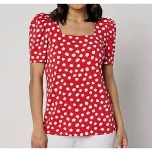 Susan Graver Polka Dot Puff Sleeve Top Blouse Sz L Professional Preppy Capsule